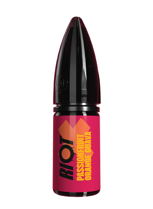 Riot X vape e-liquid with 'RIOT' branding and pink label with yellow text in passionfruit orange and guava flavour