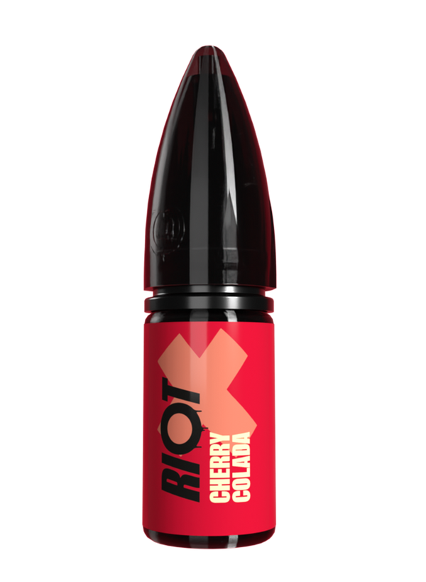 Riot X vape e-liquid with 'RIOT' branding and red label in Cherry Colada flavour