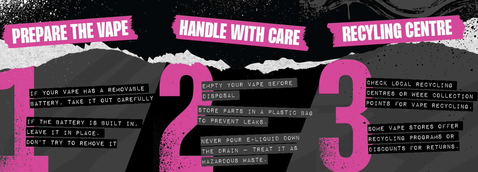 Instructions for preparing, handling, and recycling a vape with pink text on a black background.