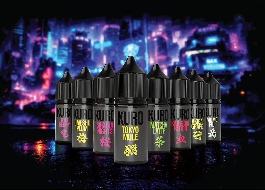 Kuro by Riot e-liquid bottle in a Tokyo neon backstreet — Japanese-designed UK-made vape juice