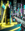 A black e-liquid bottle labeled 'KURO TOKYO MULE' with yellow text and graphics, set on a concrete ledge in a neon-lit city street at night with glowing yellow neon lights and light trails