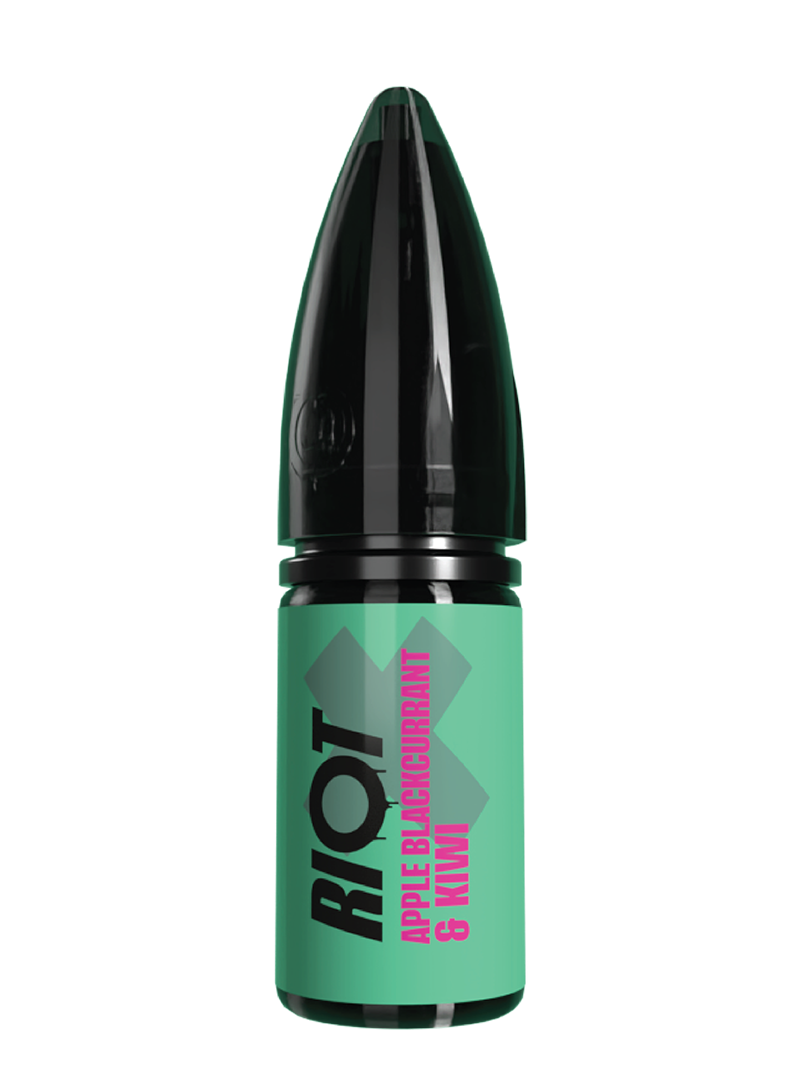 Riot X vape e-liquid with 'RIOT' branding and green label with pink text in apple, blackcurrant and kiwi flavour