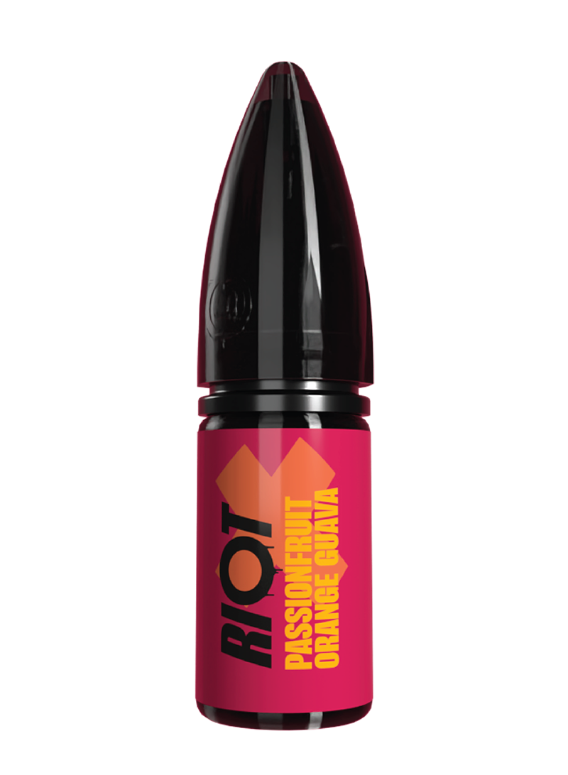 Riot X vape e-liquid with 'RIOT' branding and pink label with yellow text in passionfruit orange and guava flavour