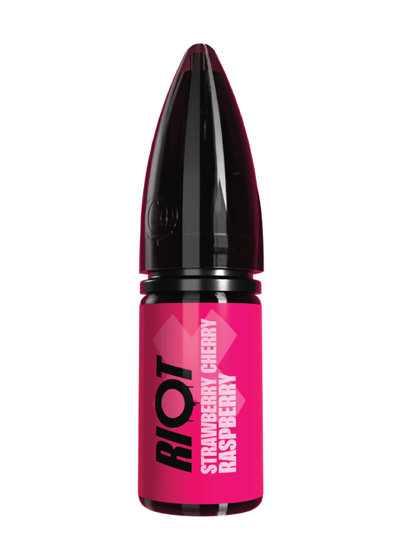 Riot X vape e-liquid with 'RIOT' branding and red/pink label in strawberry cherry raspberry flavour