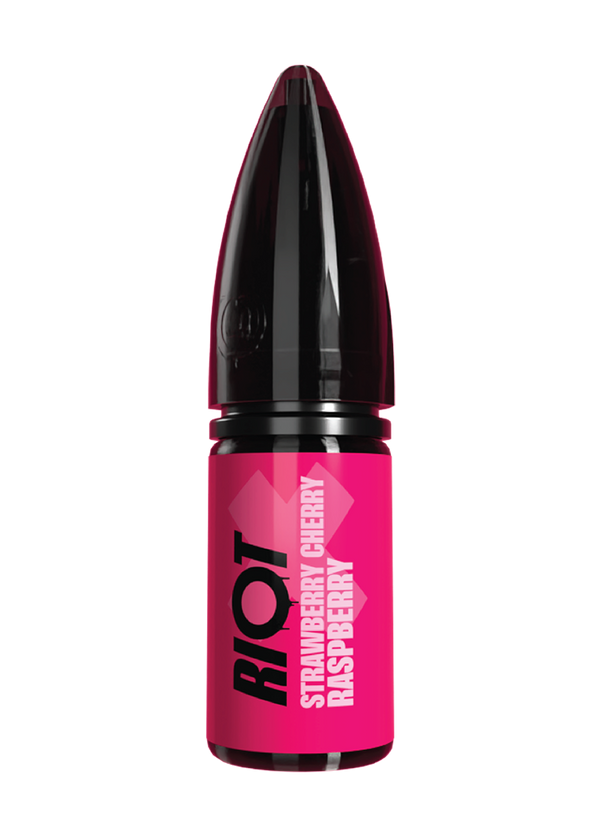 Riot X vape e-liquid with 'RIOT' branding and red/pink label in strawberry cherry raspberry flavour
