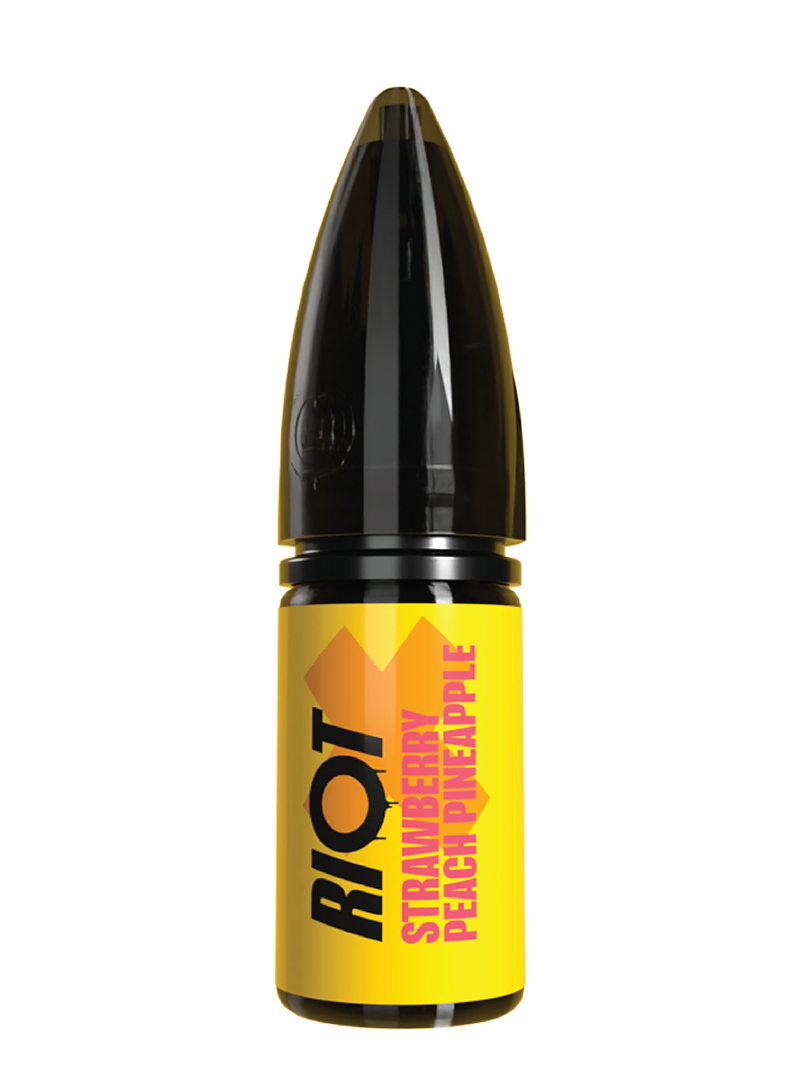 RIOT X - Strawberry, Peach & Pineapple e-liquid in a bullet bottle with a yellow label and pink text
