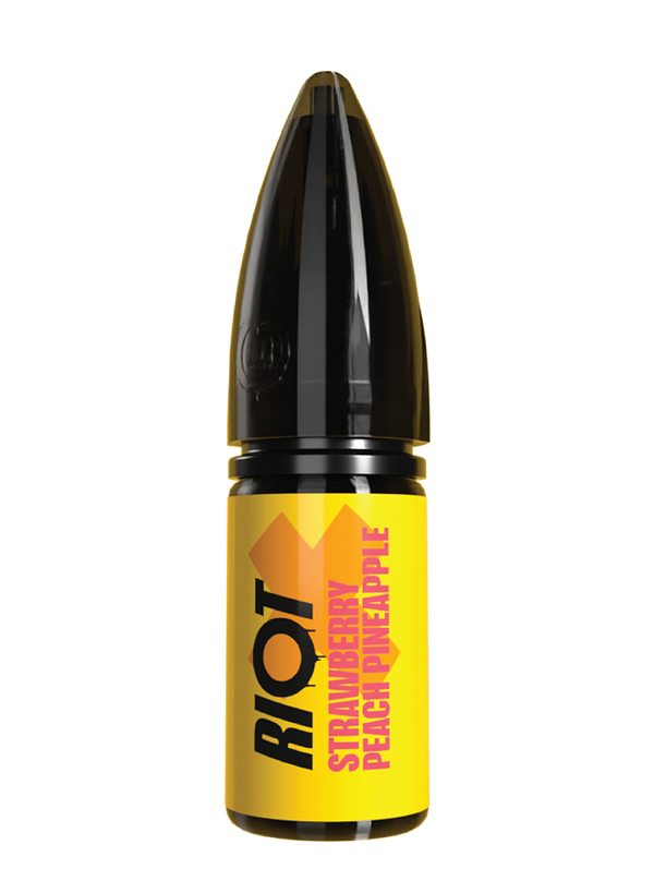 RIOT X - Strawberry, Peach & Pineapple e-liquid in a bullet bottle with a yellow label and pink text