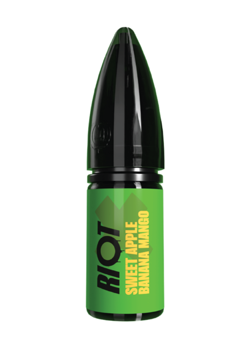 Riot X vape e-liquid with 'RIOT' branding and green label with yellow text in sweet apple banana mango flavour