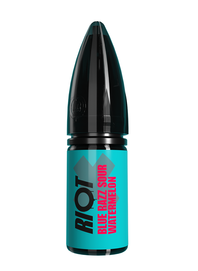 Riot X vape e-liquid with 'RIOT' branding and blue label in Blue Razz Sour Watermelon flavour