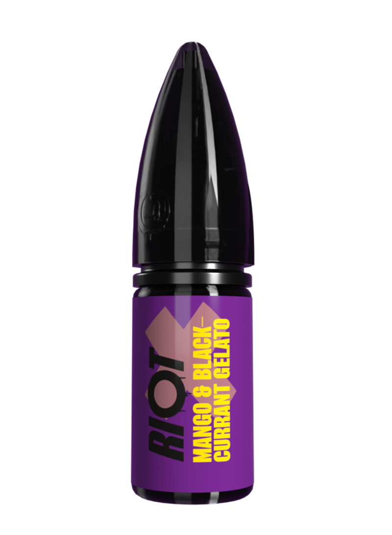 Riot X vape e-liquid with 'RIOT' branding and purple label in Mango and Blackcurrant Gelato flavour