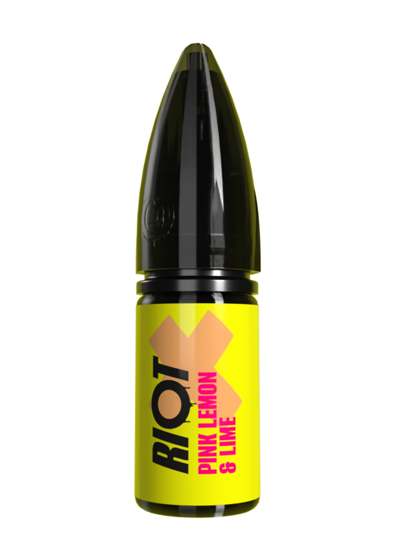 Riot X vape e-liquid with 'RIOT' branding and yellow label in Pink Lemon and Lime flavour