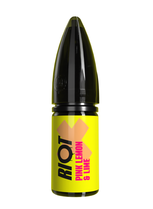 Riot X vape e-liquid with 'RIOT' branding and yellow label in Pink Lemon and Lime flavour