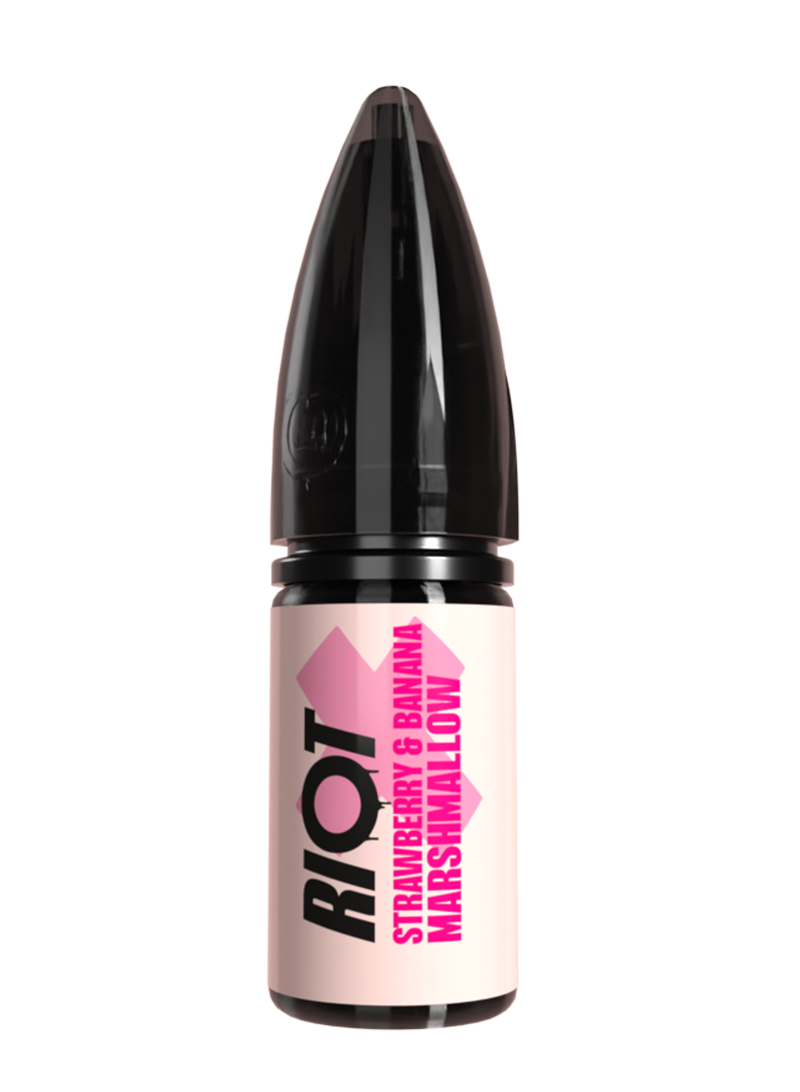 Riot X vape e-liquid with 'RIOT' branding and pink label on a white background in strawberry and banana marshmallow flavour