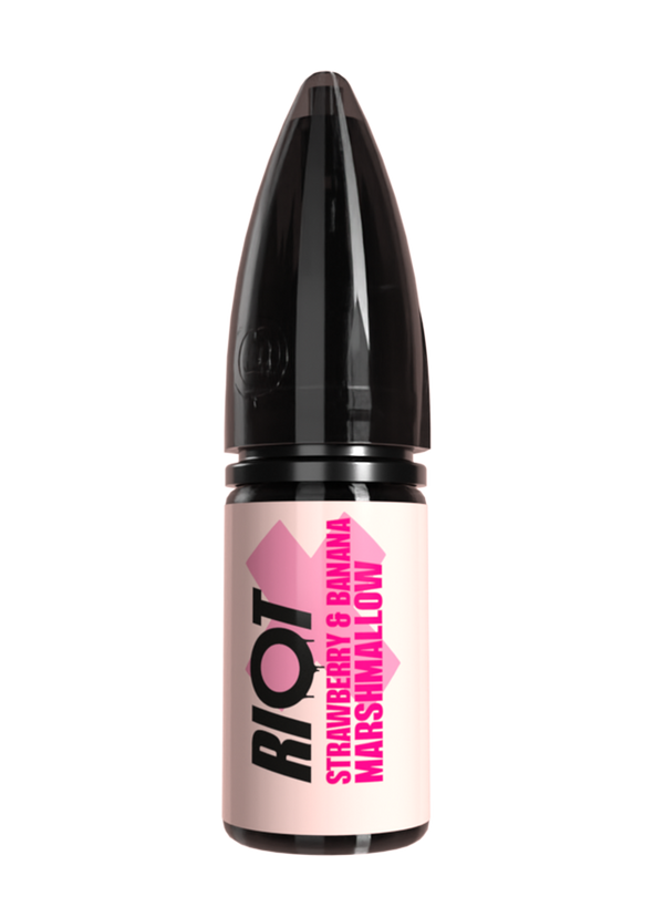 Riot X vape e-liquid with 'RIOT' branding and pink label on a white background in strawberry and banana marshmallow flavour