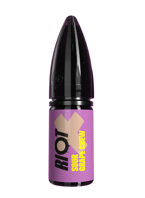 Riot X vape e-liquid with 'RIOT' branding and purple label in Sour Grape Chew flavour